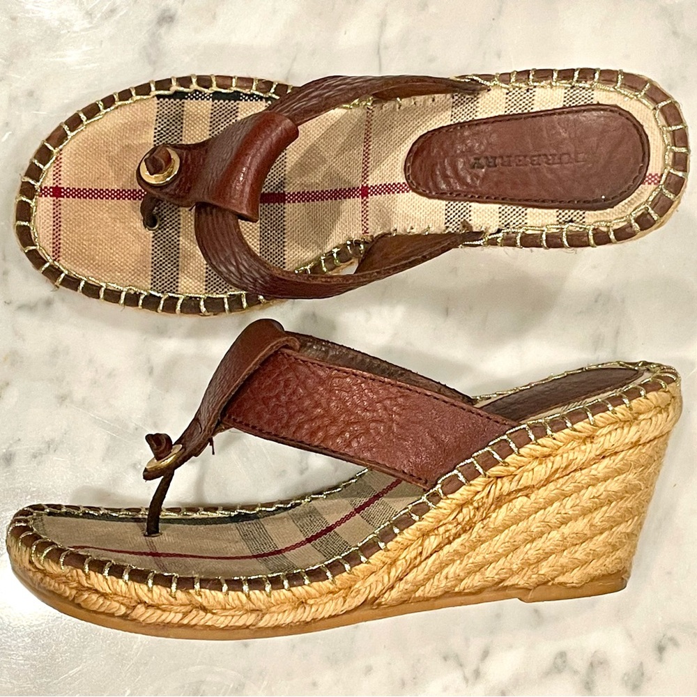 Burberry leather and plaid fabric wedges, burgundy, Burberry check, sz7, EUC - Picture 3 of 16